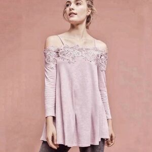 Anthropologie Meadow Rue Lilac Lace Off-Shoulder Tunic
